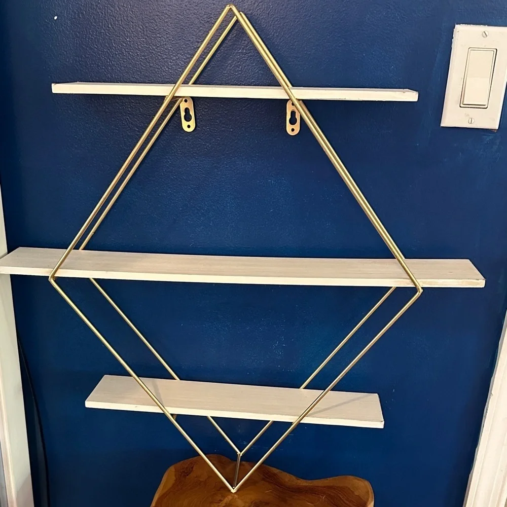 Diamond Shaped Wall-Mounted Shelf with Gold Frame & Wood Panels
